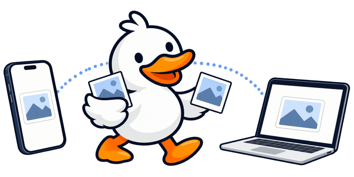 The DuckCarry duck carrying photos from a phone to a laptop