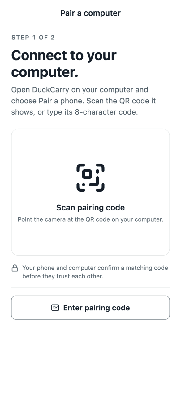 Phone app pairing screen: scan the computer's code or type it in