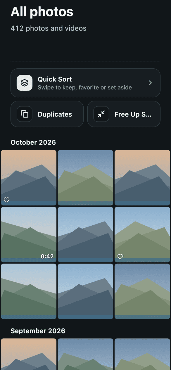 DuckCarry phone app: all photos by month, with Quick Sort, Duplicates and Free Up Space