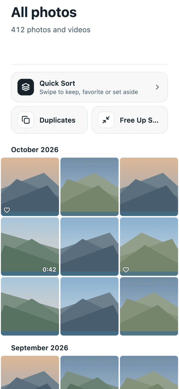 DuckCarry phone app: all photos by month, with Quick Sort, Duplicates and Free Up Space