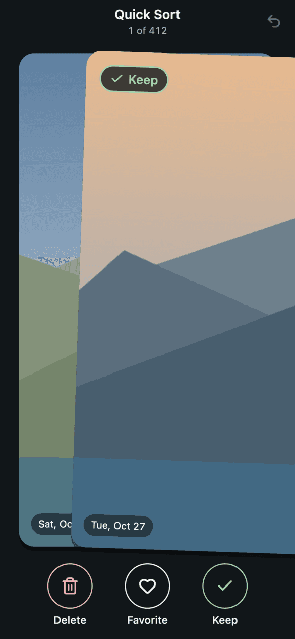 Quick Sort screen with one large photo and Delete, Favorite and Keep buttons