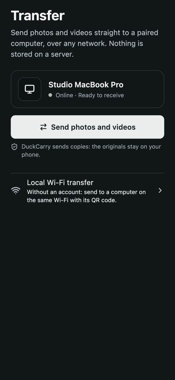 Transfer screen with a paired computer that is ready to receive