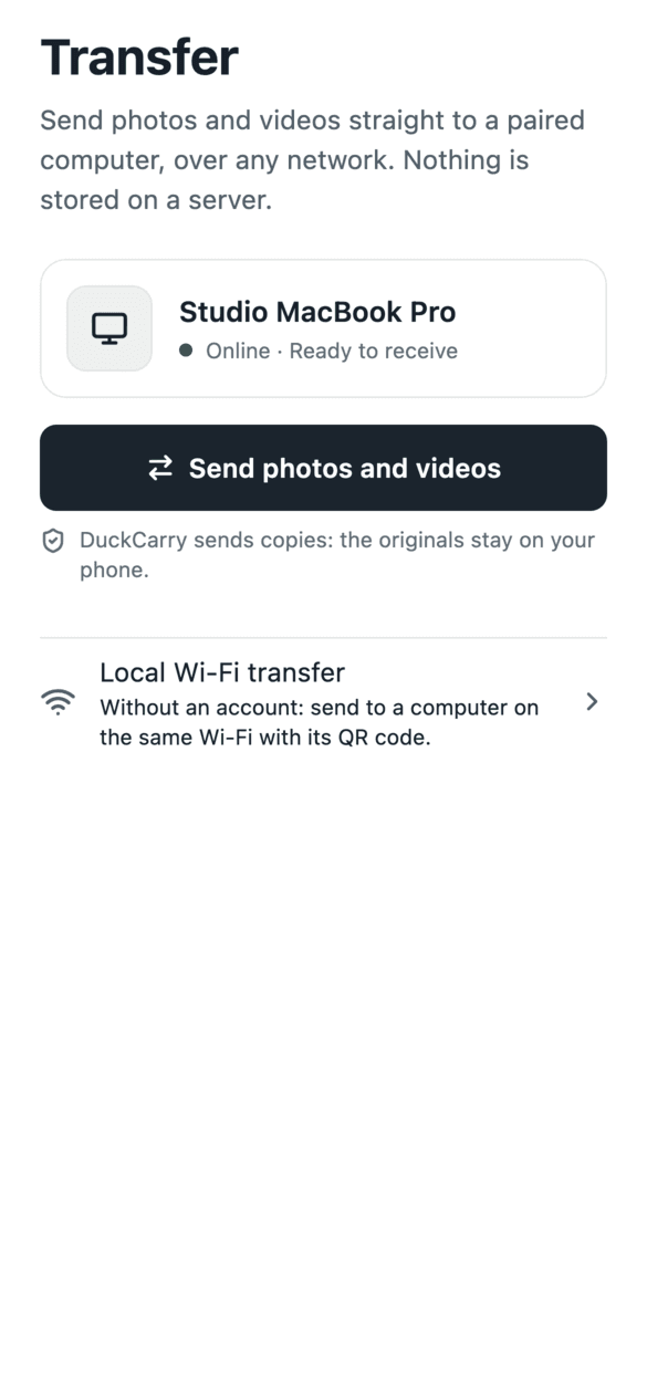 Transfer screen with a paired computer that is ready to receive